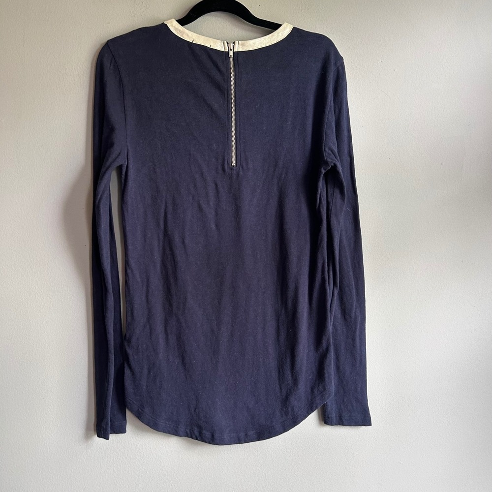 J.Crew Navy Blue Cotton Long Sleeve Top Metallic Trim Back Zip Small - Picture 2 of 8